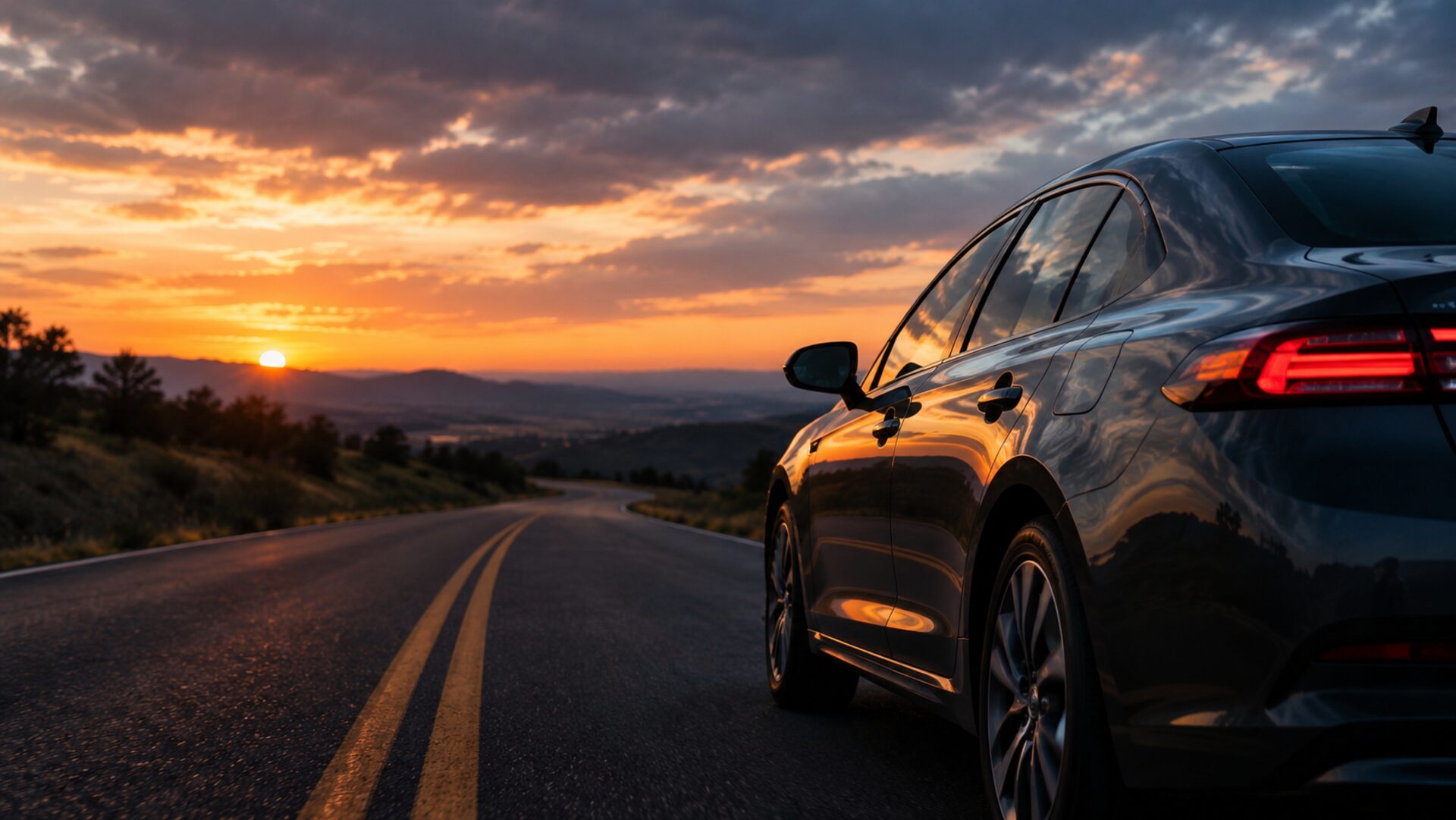 Sedan on a highway at sunset — a rideshare and delivery-ready vehicle for gig drivers